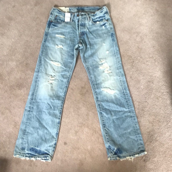 Mens Vintage Denim Button Fly Jeans Classic Straight Faded Ripped Trousers